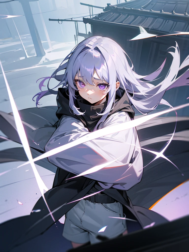 A little dark anime style、Gray Hair、10th Generation、Light purple eyes、Sadness face、Large black parka、White shorts、Illuminated rooftop