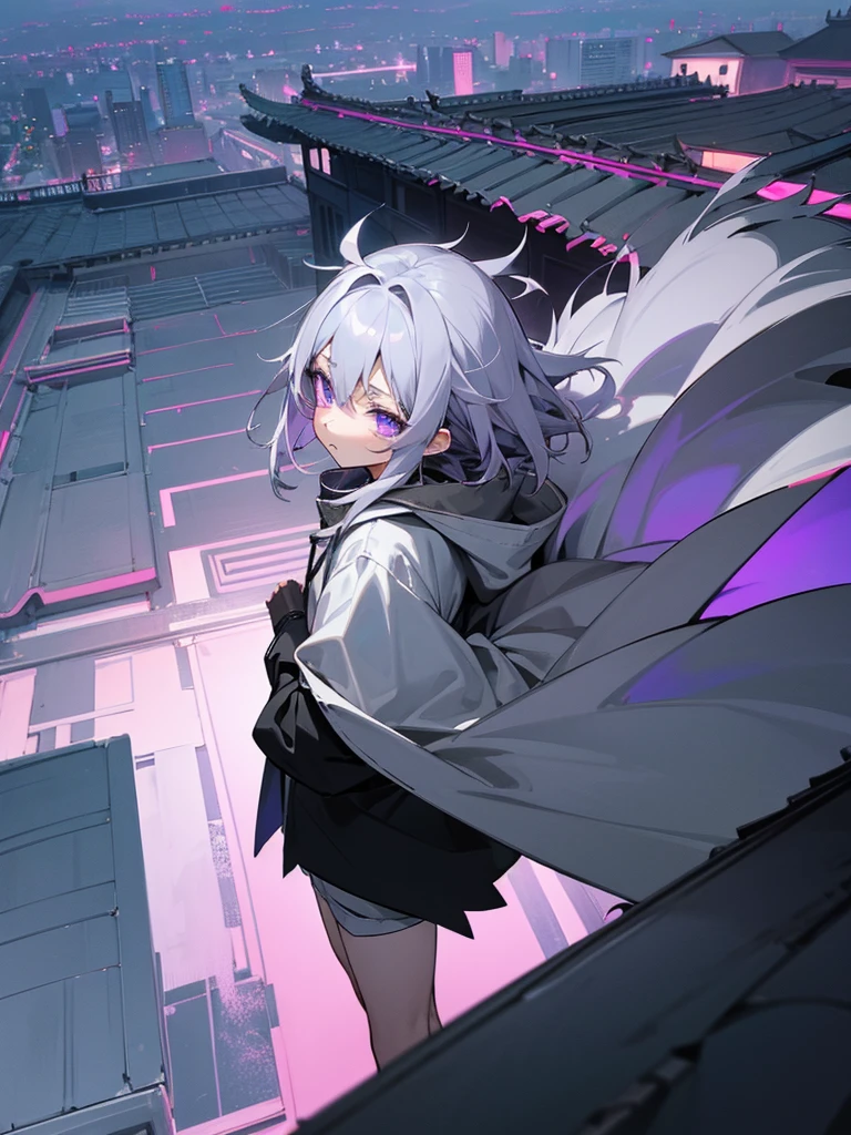 A little dark anime style、Gray Hair、10th Generation、Light purple eyes、Sadness face、Large black parka、White shorts、Illuminated rooftop