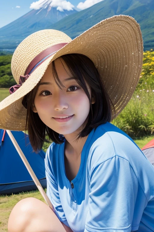 Satomi Ishihara Style　C cup　　short hair　Mount Fuji in the background　blue sky　Camping 　smile　Wearing a straw hat