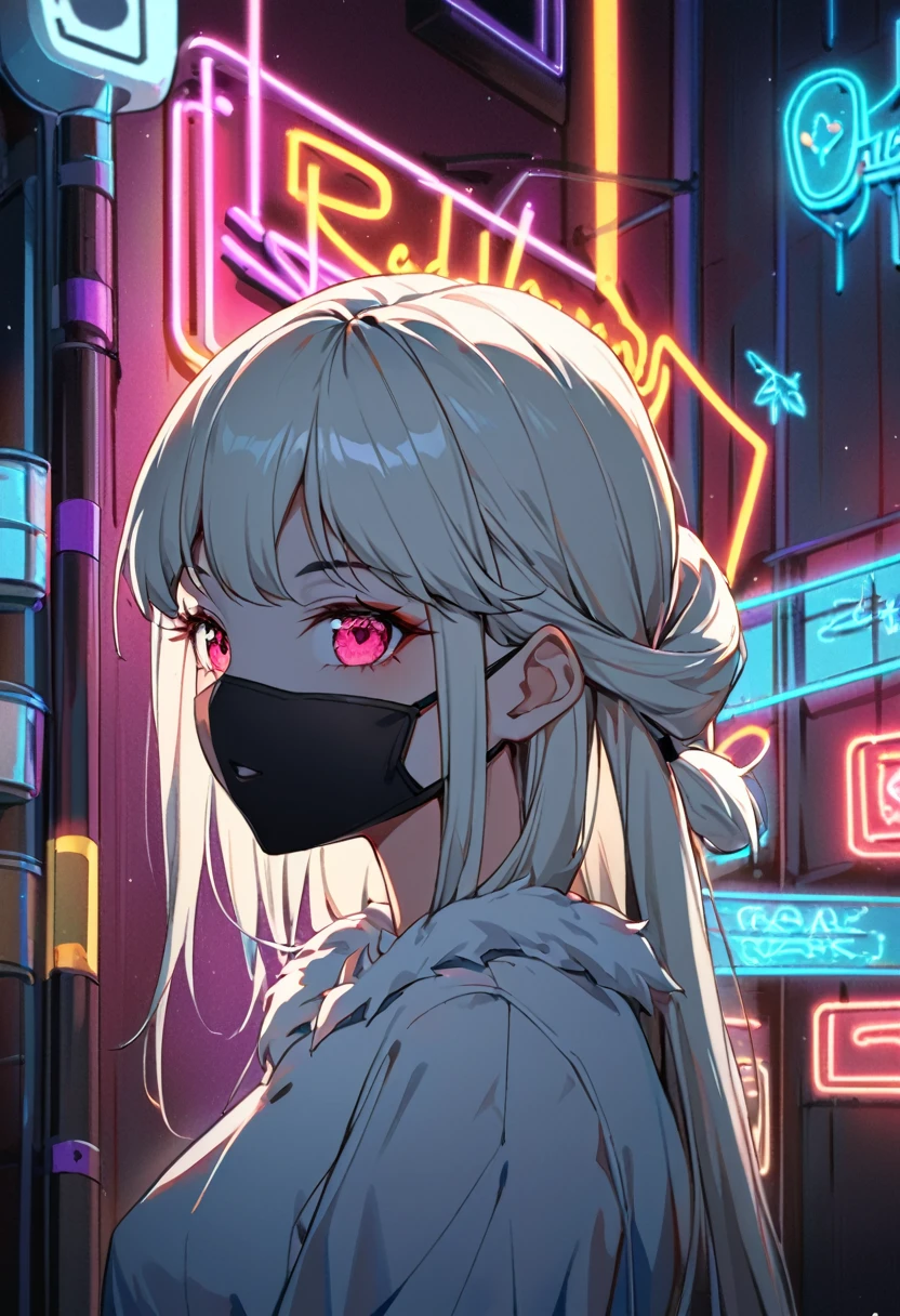 (Upper Body:1.5),8k, Highest quality, 女の子1people々, (Skin dents), night, (dark), Indoor transparent background, (people々々), Beautiful Bangs, Nice,, (Clothing and:1.3),Soft lighting, charm, dark Room, (Shut your mouth.:1.2, Beautiful Eyes, Delicate eyes, Detailed Iris, Beautiful Lips, Beautiful Nose, Pretty face),(primary color:1.5),(Zhou Haoguang:1.5),(Neon Light:1.8),(Radioluminescence:1.8),Wearing a black mask