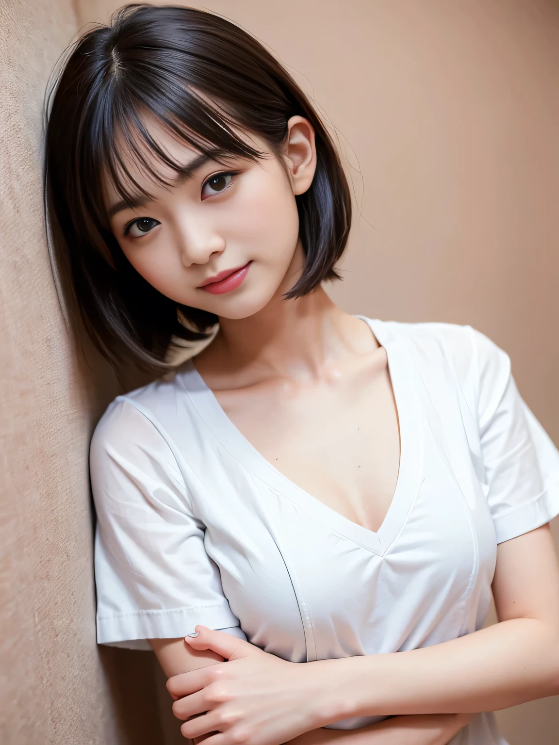 Highest quality、Figures、sexly、Slender、Red tie、Open front dress shirt、Green exy very detailed、Fine details、Slim Body、Slender、Japanese Girls、High resolution、8k、wallpaper、Perfect dynamic composition、Beautiful fine details、Short Bob Hair、Big natural color lip、大胆なsexlyポーズ、smile、Cold Stare、18 year old girl、Cute、Lolita、Good eyesight、whole body、Pink Wall、smile、