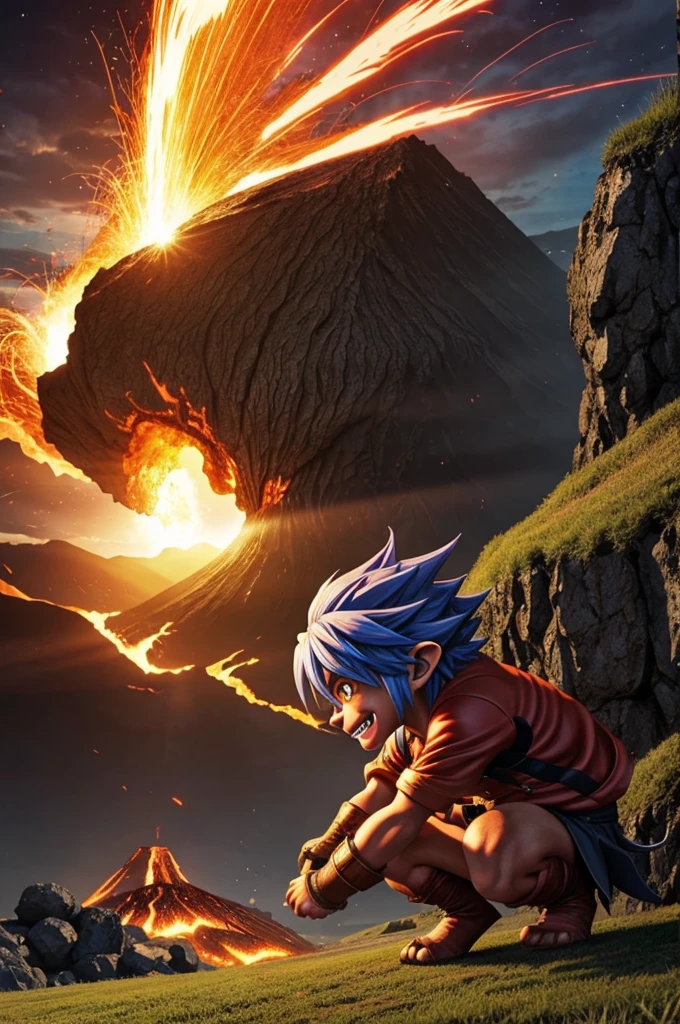 Make me a manga of a goblin who comes out of his volcano to give platinum and prime things 