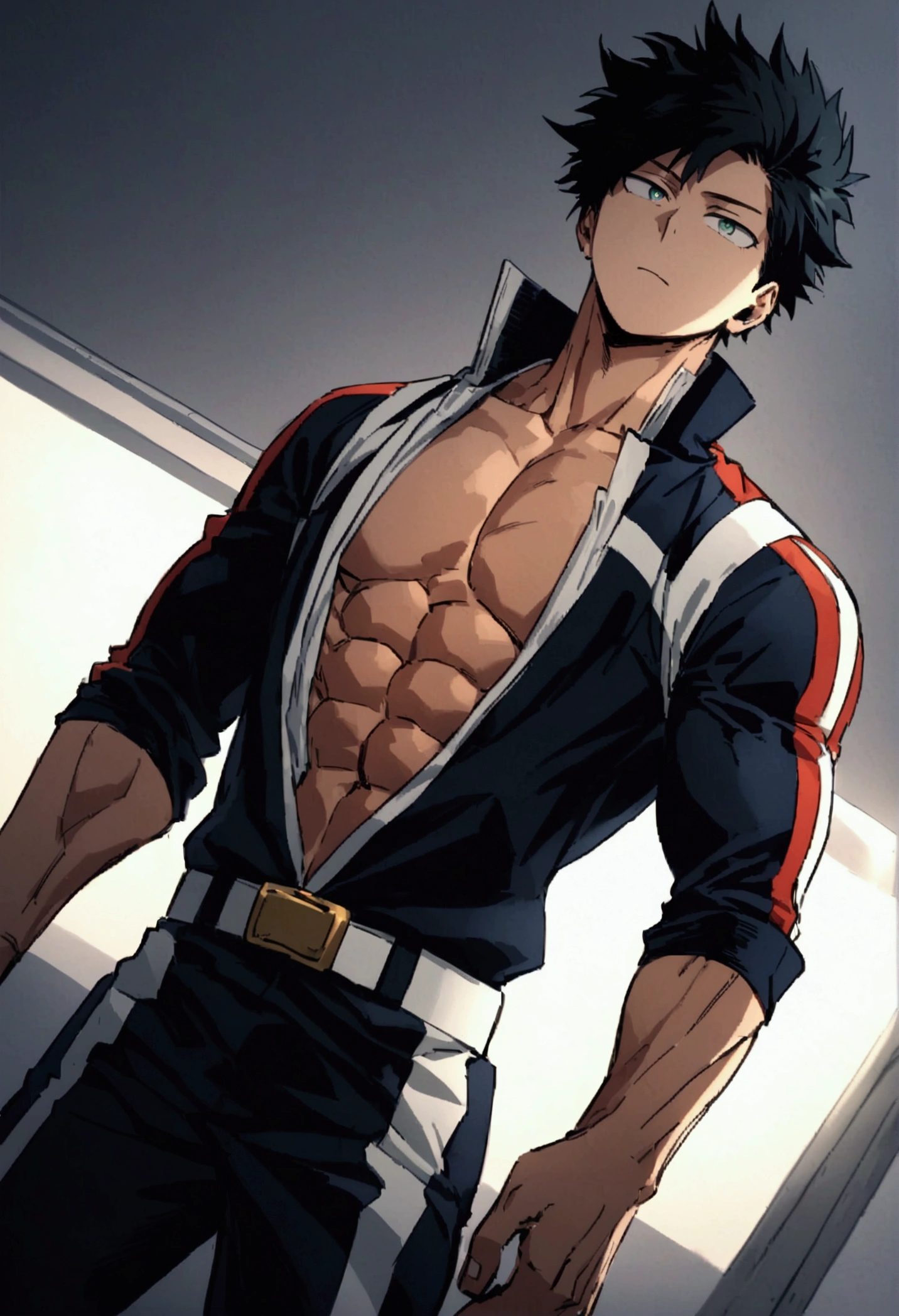 He is a , He has slightly disheveled very black hair..., somewhat light green eyes, (front angle ) , muscular body , He is dressed in the anime uniform. "my hero academia", with an open jacket, showing off your abs and defined chest