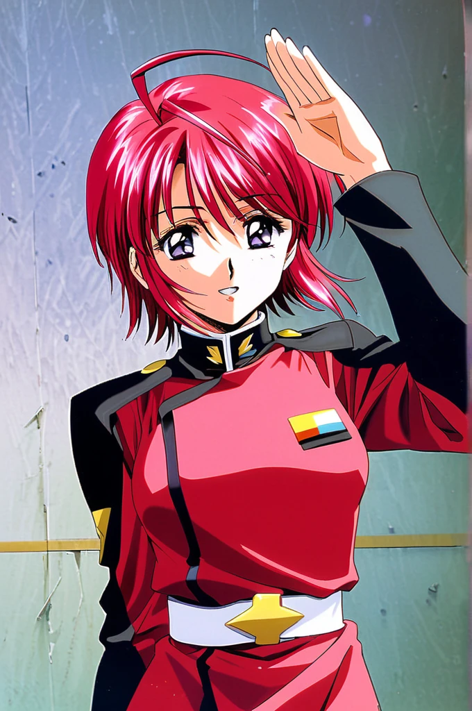 Lunamaria Hawke,1girl,solo,uniform,pink skirt,short hair,military uniform,military,skirt,long sleeves,ahoge,belt,purple eyes,pink hair,red hair,blue eyes,parted lips,looking at viewer,salute,light smile,1990s \(style\),retro artstyle,