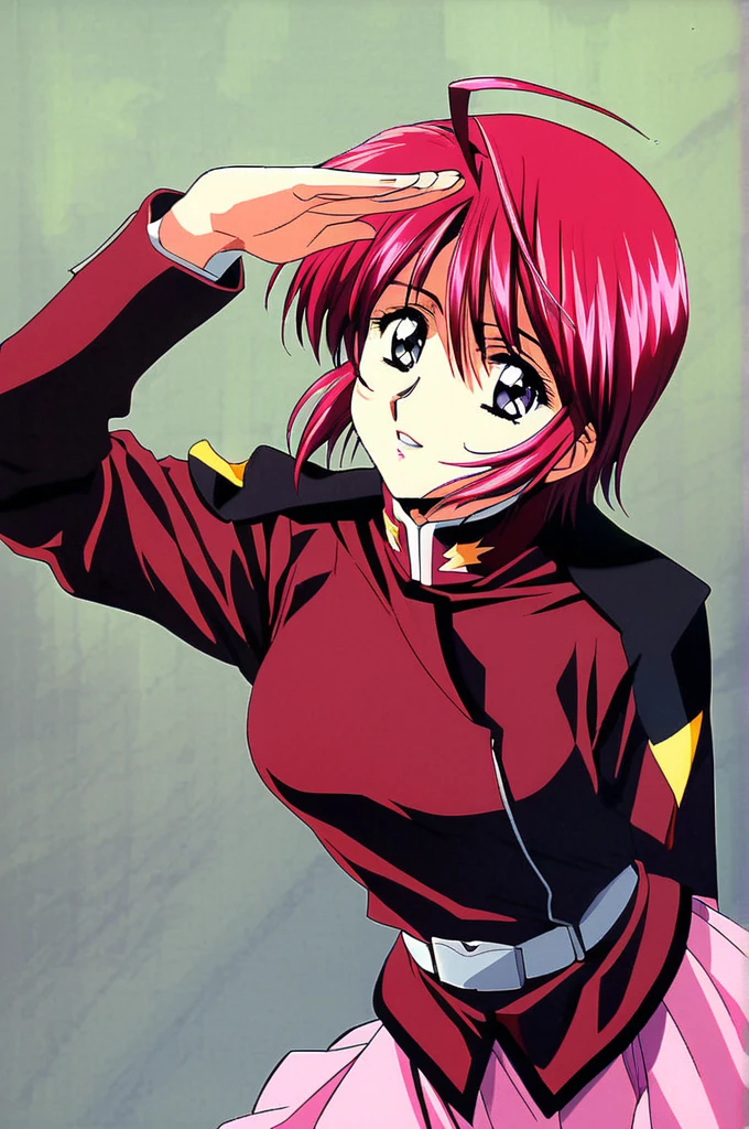 Lunamaria Hawke,1girl,solo,uniform,pink skirt,short hair,military uniform,military,skirt,long sleeves,ahoge,belt,purple eyes,pink hair,red hair,blue eyes,parted lips,looking at viewer,salute,light smile,1990s \(style\),retro artstyle,