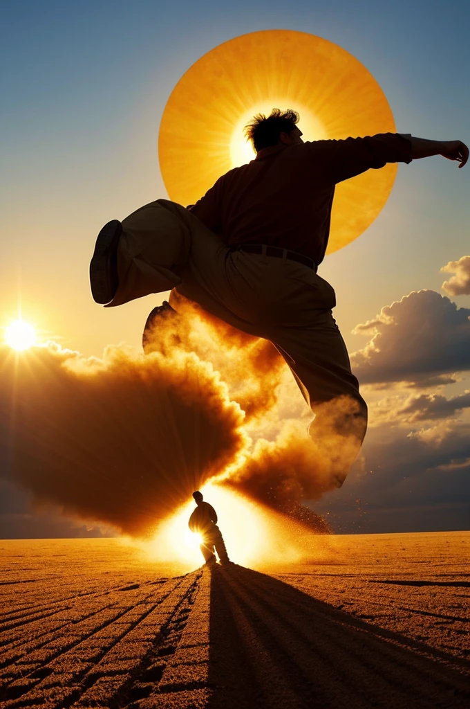 I see a half enormous sun on top of a lot with a man working, throwing seeds