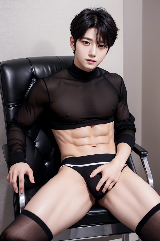 Handsome K-POP male star with strong abdominal and chest muscles wearing black sheer otc socks and black underwear sitting on a chair,Lift your legs and bulge your crotch