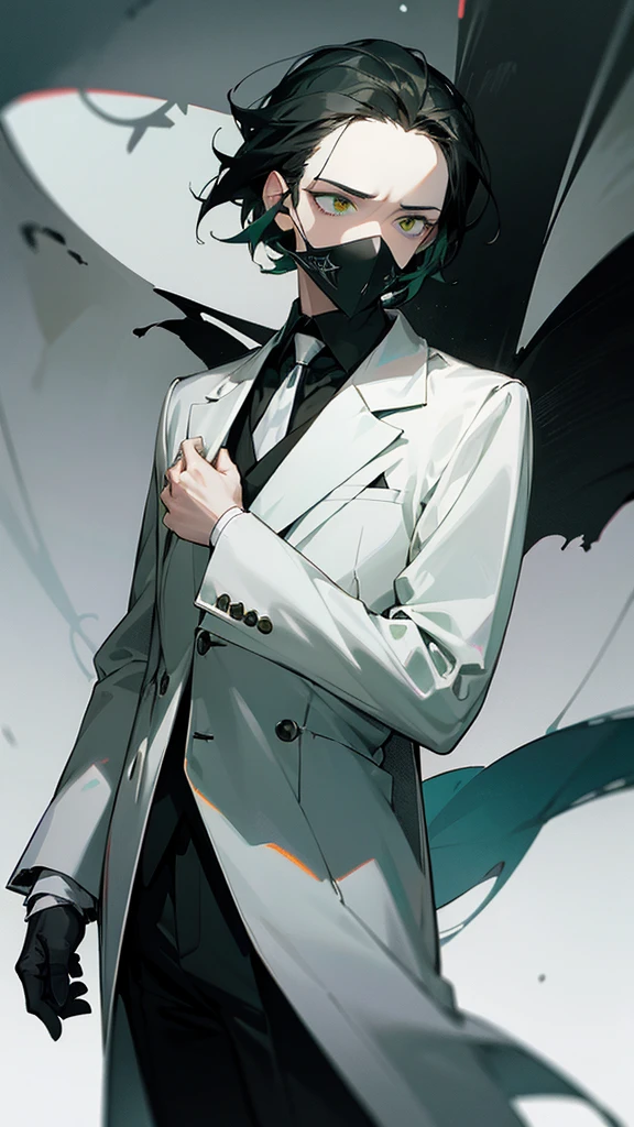 Death is a young male,expressionless face,The eyes are grim,Short black hair,green pupils,wearing white mask,Wearing black suit and white shirt,Wearing a silver cross necklace around her neck,hand holding notebook