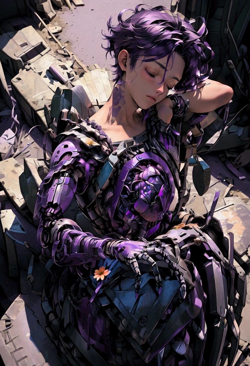 ((Artwork, high quality)), (a robotic hand emerging from a pile of trash and scrap), (delicately holding a flower), (attached to the arm of a teenage boy), (the rest of his body buried beneath the junk), (purple hair), (eyes closed, giving the impression of lifelessness), (environment completely filled with junk).






