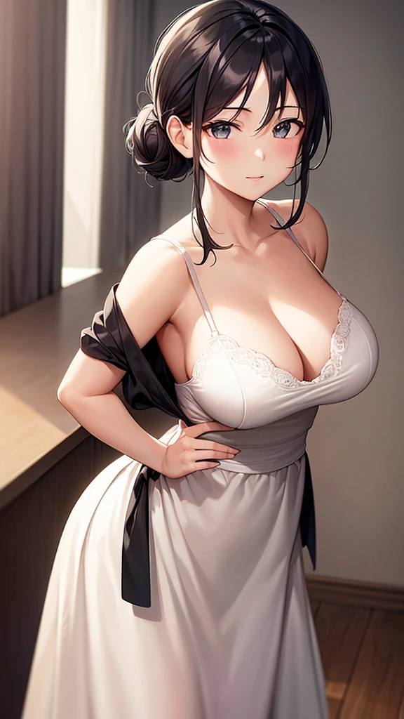 {masterpiece},high quality, 4K, 2D, 1 girl,simple background, 43 yo,attractive mature lady, standing,sagging breast,maid,front face,attractive mature lady,black hair tied into a chignon, {from right in front of face and body},View viewers from front,{front facing shot}