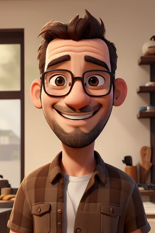a photo of vini tess, a 36 year old man, happy and smiling, white, bald, brown eyes, wears glasses, bearded, black shirt, brown shorts, looking at the camera
