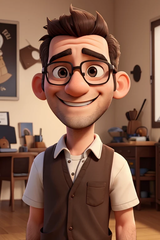 a photo of vini tess, a 36 year old man, happy and smiling, white, bald, brown eyes, wears glasses, bearded, black shirt, brown shorts, looking at the camera