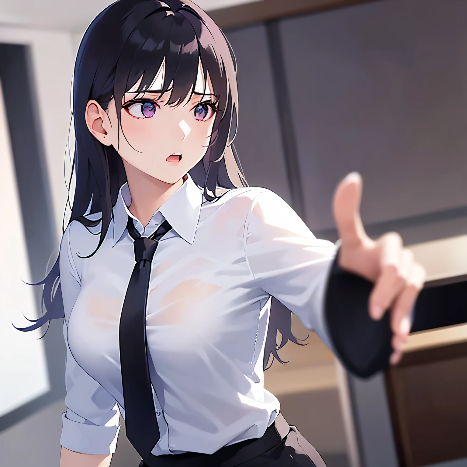 side ungle,Upper Body,(looking away:1.5)、Pointing out、 Realistic, real person, (pale skin: 1.2), RAW photo, photorealistic, shiny skin, shiny hair、(A 25-year-old woman with straight hair and bangs) and (medium hair) and (black hair) and (purple eyes) , (Wearing a business suit:1.5) and (Wearing a white collared shirt)、Serious, open mouth,Background is an office room、Alone、Are standing、