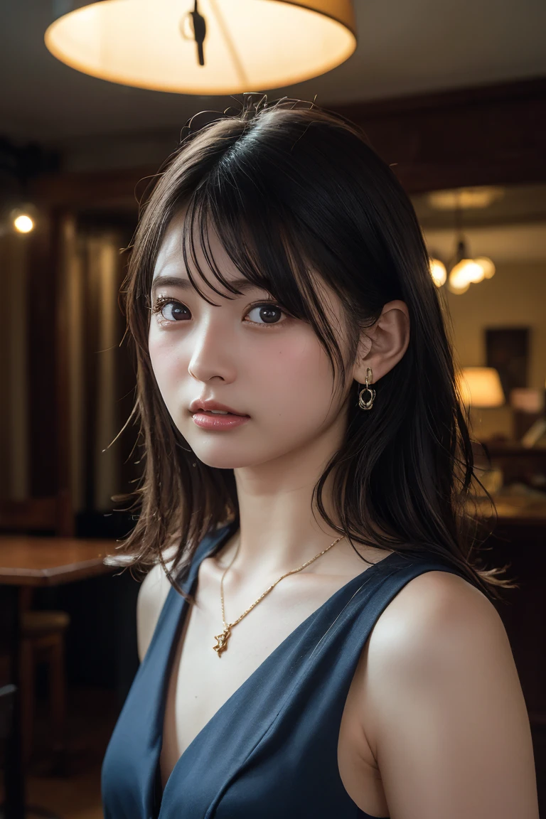(Highest quality:1.4),(masterpiece:1.4),(Realistic:1.4),(Realistic:1.2),(超High resolution, RAW Photos:1.4),(High resolution, Ultra-detailed:1.2),(8k:1.2),View your viewers,Cinematic photography,One girl,skeletally correct,Black-haired woman,Woman in her early 20s,(Small earrings,necklace,Metallic Dresses),(Western-style building interior,Dimly lit room,The lamplight shines on my cheeks)