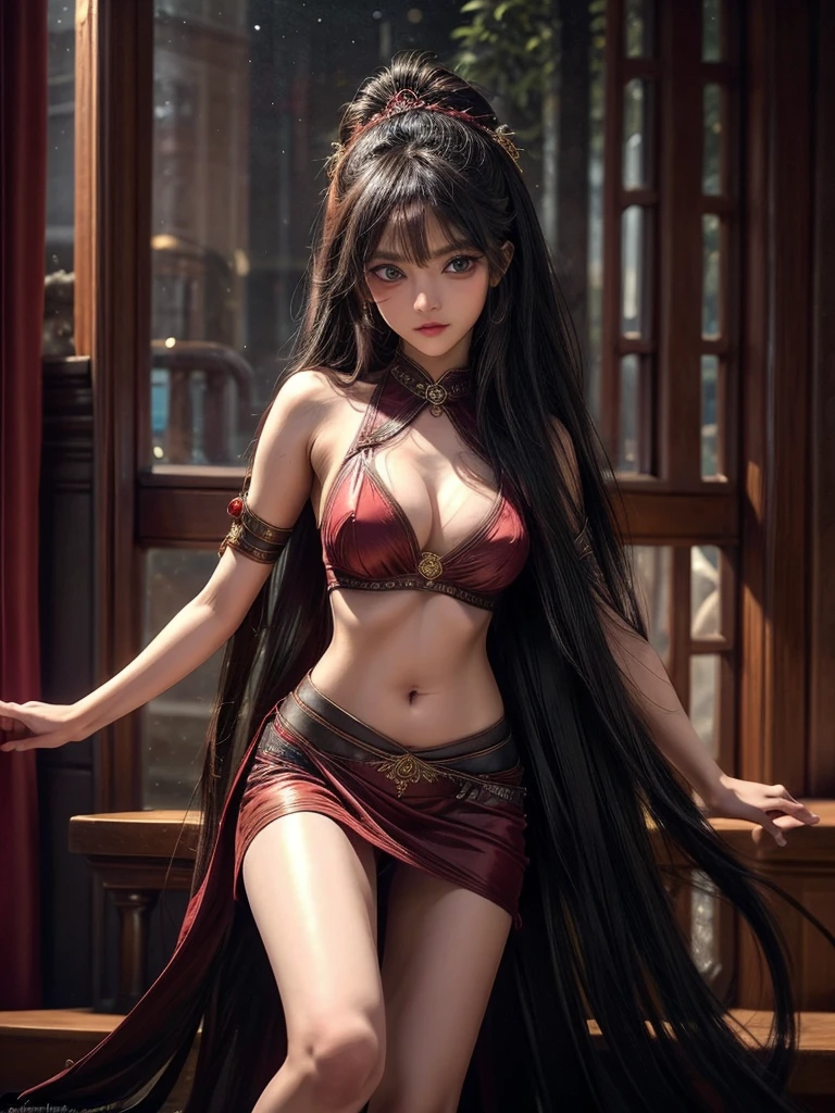 One beautiful woman、Age 25、Mature、Indian dancers、dynamic、Highest quality、masterpiece、Super detailed、Vermilion on the outer corners of the eyes、Fluttering Hair、beautiful、mysterious、Fantasy、Downcast eyes、Long, narrow eyes、dancing、dynamic