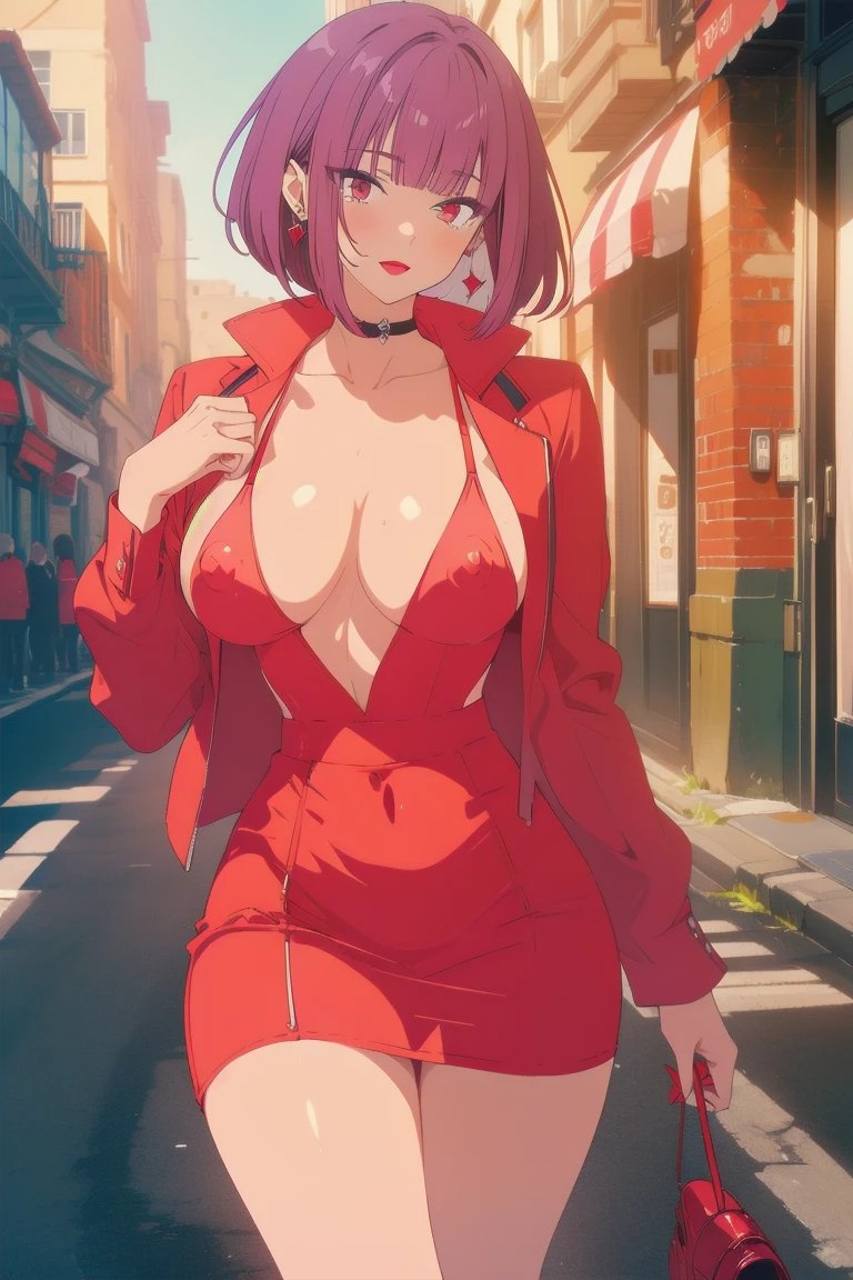 ((Highest quality)), ((masterpiece)), (Familiar), Hazy, Female,Mature Woman,Purple Hair, short hair, Low Ponytail, eye shadow, lipstick, Red eyes,Red suit shirt,Large Breasts,Erect nipples,I can see her cleavage,Red and black jacket, White tight skirt,Red Heels