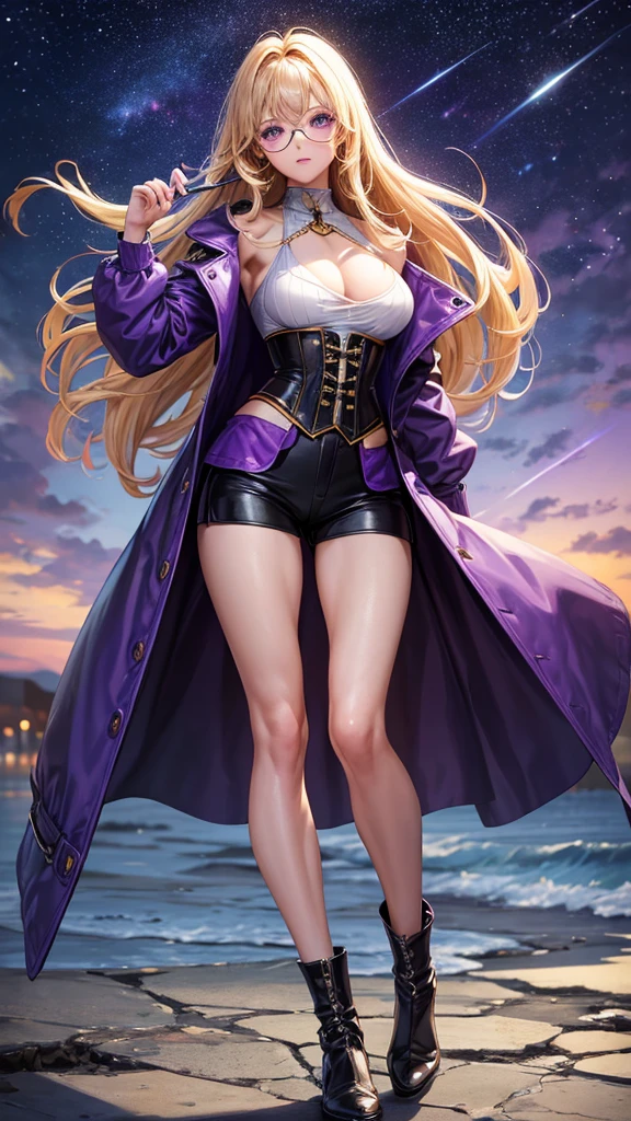 {{Best Quality}}, {{masterpiece}}, {{ultra detailed}}, {illustration}, {Detailed light}, {an extremely delicate and beautiful}, A woman, {beautiful detailed eyes}, purple eyes, by rubio, stars in the eyes, messy floating hair, outer hair with high highlights, The starry sky adorns the hair., depth of field, beautiful, skinny, delgado, long legs, nice legs, muscles, perfect body, perfect hands, sexy, (((purple eyes))), muscles, Hourglass_cipher, Purple military jacket, short purple skirt, purple short shorts, full body, full_body, (((Glasses))), corset blanco, sandals, purple jacket, very skinny girl, skinny girl, meatloaf, standing, walking down the street, tall boots, tall girl, 21 years, cheered up, Super model, wind blowing through her messy by rubio. Open shirt, big breasts, big , under the chest, neckline, purple jacket, Photoshoot, evening, (long blond hair), (((by rubio))), (((muscles))),