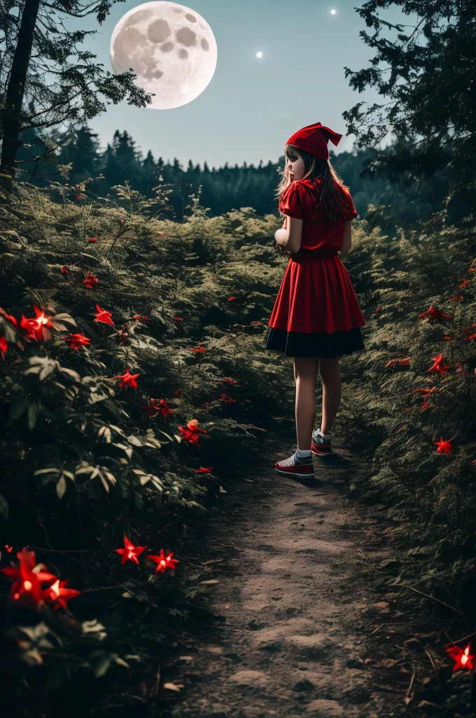 located on the edge of the dark, dark forest, the bushes around look scary, terrifying, feeling like something is watching the girl, a bunch of red ones are visible from the bushes, bright, sparkling eyes, It's night, you can see a lot of stars, the full moon is shining brightly, gives off a silvery tint, the moon is also watching the girl, The girl is wearing a red cap, red blouse, blue skirt, basket in hands, stuffed with fresh delicious pies, the girl is scared, she has a scared look on her face, She does not know, where should she go