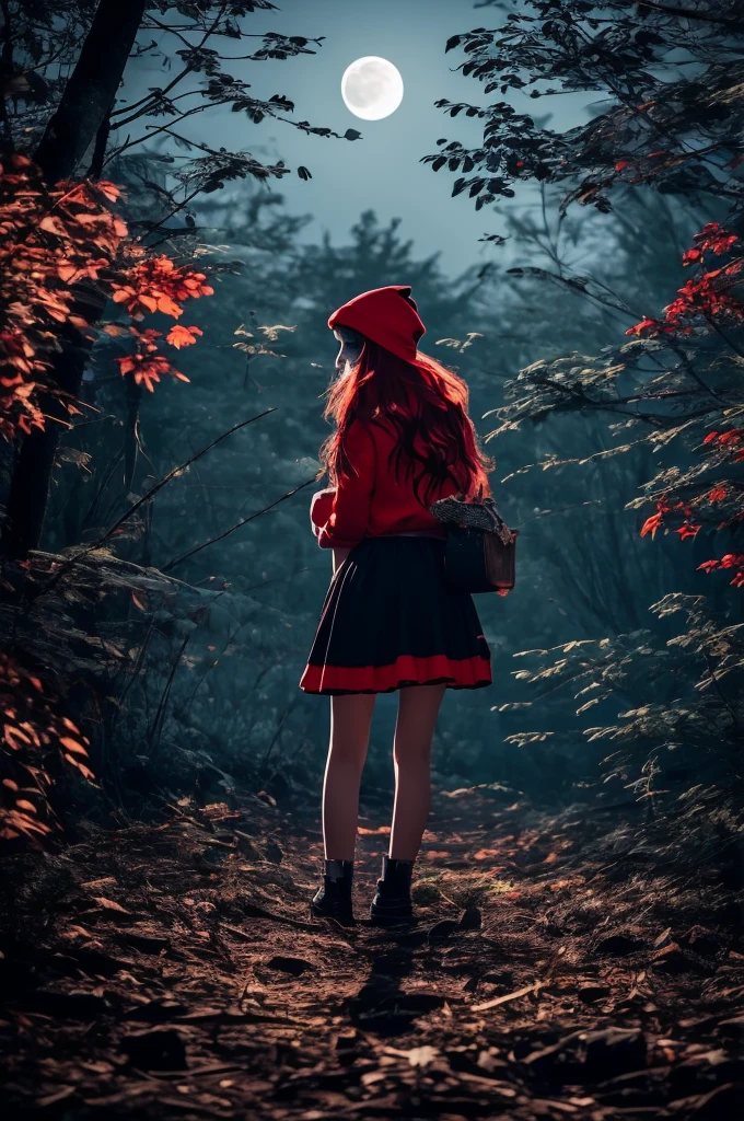  located on the edge of the dark, dark forest, the bushes around look scary, terrifying, feeling like something is watching the girl, a bunch of red ones are visible from the bushes, bright, sparkling eyes, It's night, you can see a lot of stars, the full moon is shining brightly, gives off a silvery tint, the moon is also watching the girl, The girl is wearing a red cap, red blouse, blue skirt, basket in hands, stuffed with fresh delicious pies, the girl is scared, she has a scared look on her face, She does not know, where should she go