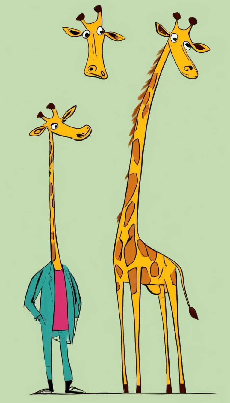 (((Exaggerated digital character sketches:1.37,Matchstick Men))).(1 giraffe,(Exaggerated expression,),(Black sketch lines,Loose brushstrokes create the outline,Cartoon Style. Bright colors and simplified lines, sketch)。(Exaggerated body movements),(Large area of blank)