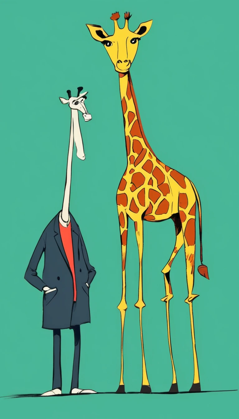 (((Exaggerated digital character sketches:1.37，Matchstick Men))).(1 giraffe，(Exaggerated expression,)，(Black sketch lines，Loose brushstrokes create the outline，Cartoon Style. Bright colors and simplified lines, sketch)。(Exaggerated body movements),(Large area of blank）