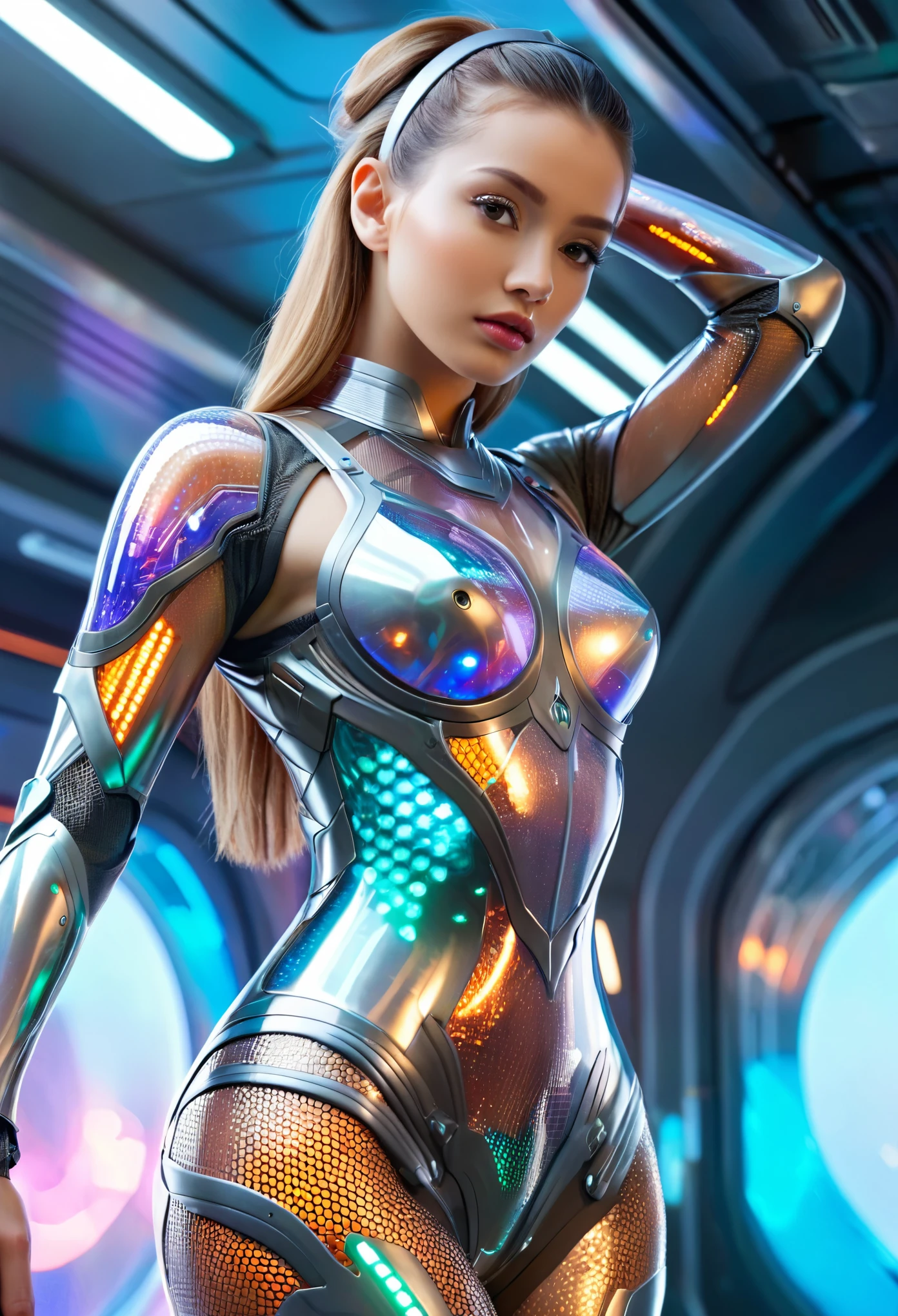 (best quality,4k,highres,masterpiece:1.2),ultra-detailed,(realistic,photorealistic:1.37), 1 extraordinarily beautiful android princess, (sci-fi futuristic transparent armor:1.7), extraordinarily sexy, expressive, seductive face, ral-opal, (full body, standing on a spaceship:1.4), cameltoe, beautiful detailed eyes, beautiful detailed lips, extremely detailed face and eyes, long eyelashes, hkstyle, hair updo, HDR, UHD, studio lighting, ultra-fine painting, sharp focus, physically-based rendering, extreme detail description, professional, vivid colors, bokeh, sci-fi, concept art, hair band, (transparent:1.4) beautiful long legs, beautiful thighs, Put her hands behind her head