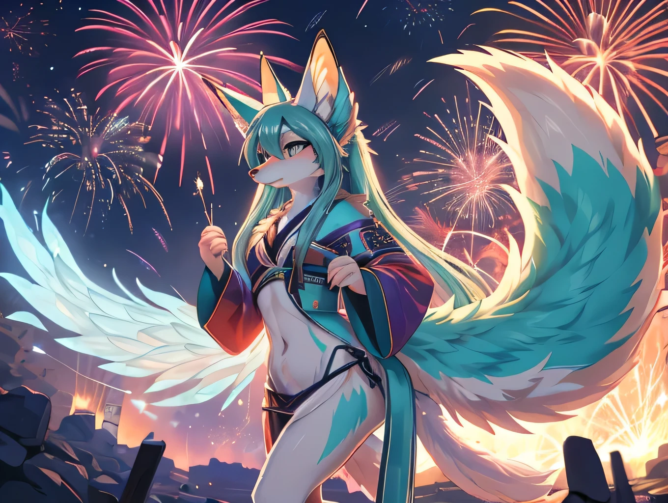 ((A masterpiece))The best quality, Japanese adolescent hatsune miku x kitsune , fox face elongated snout add-detail, Surprise face, heated add_detailsl,, kitsune warrior in the spring hanami add_detailsl:1, barefoot add_detailsl:1 mystical aura, enjoy the fireworks add_details 