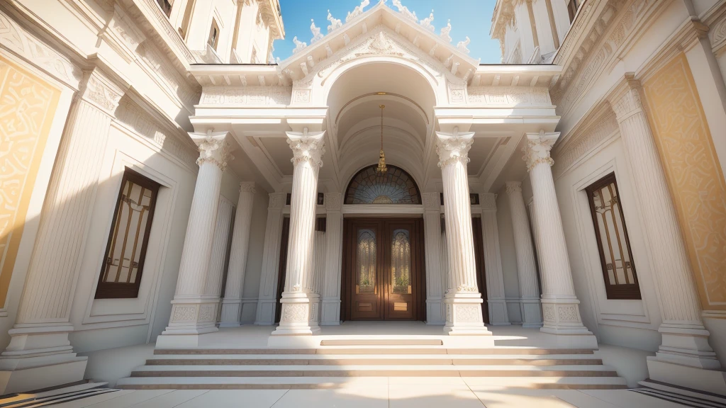 There was a large white building with several balconies on top., neo - classical style, neo classical architecture, Architectural visualizations, classical architecture, Architectural renderinging, Stunning grand architecture, Architectural rendering, precise Architectural renderinging, neoclassical style, Corona rendering, detailed classical architecture, Detailed complex rendering, elegant architecture, Colonial style, Render in vray, exquisite architecture,Add Thai patterns to your work