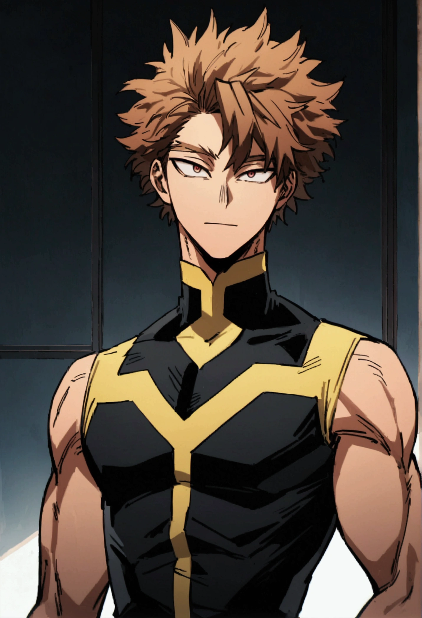  He is 22 year old teenager, He has slightly disheveled Brown hair..., somewhat light red eyes, , muscular body , sexy face, He is dressed in the anime male uniform "my hero academia", detailed face, bright red eyes 