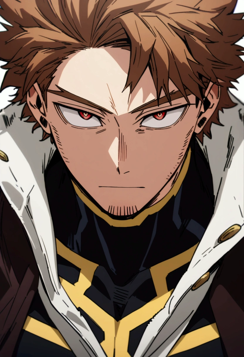  He is 22 year old teenager, He has slightly disheveled Brown hair..., somewhat light red eyes, , muscular body , sexy face, He is dressed in the anime male uniform "my hero academia", detailed face, bright red eyes 