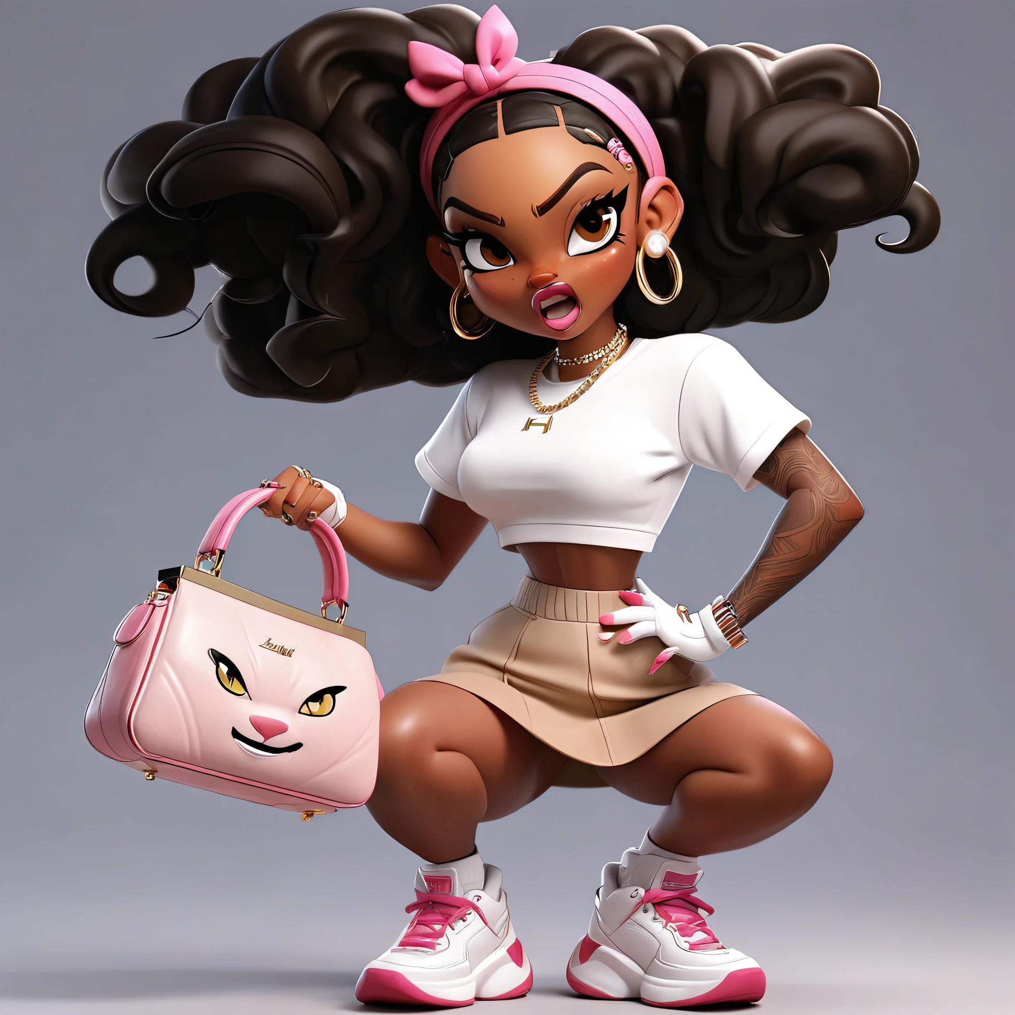 Cute 3D character, a angry brown skin woman in a white cropped t - shirt and a pink purse, y2k style, thick body, thick hips, black long straight hair , wearing a sexy cropped tops, diamond grillz on teeth, pink hair band, black short skirt, doja cat, wearing a cropped top, belly button showing, rapper, graphic tees shirt