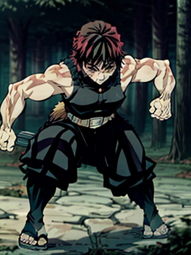 (Demon Slayer style)) 1 girl, rude woman, Bella, cazademonios, beefy, good tail, reddish and golden eyes, semi short hair, semi-wide hair, high and spiky hair, hair cut in layers aesthetic, jet black hair and strong blue tips, crossed pointed bangs, side temples, fine scar on lower left cheek, sorrisa Bella, red lipstick, demon hunter uniform, sleeveless, white belt, Wide pant, bandages in arms, Big hands, white fur stockings on her feet, japan sandals, rugged forest landscape background, estilo anime kimetsu no yaiba. ((masterpiece))