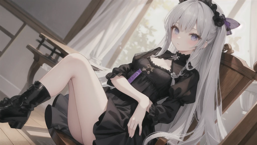 ((Highest quality)), ((masterpiece)), (detailed), Dress in black,A little purple color in the clothes,A bit of a landmine outfit,Gray Hair,Long Hair,Dumpling,Illustrated style,Sitting in a chair,Oblique view,A little gentle,woman,Small breasts