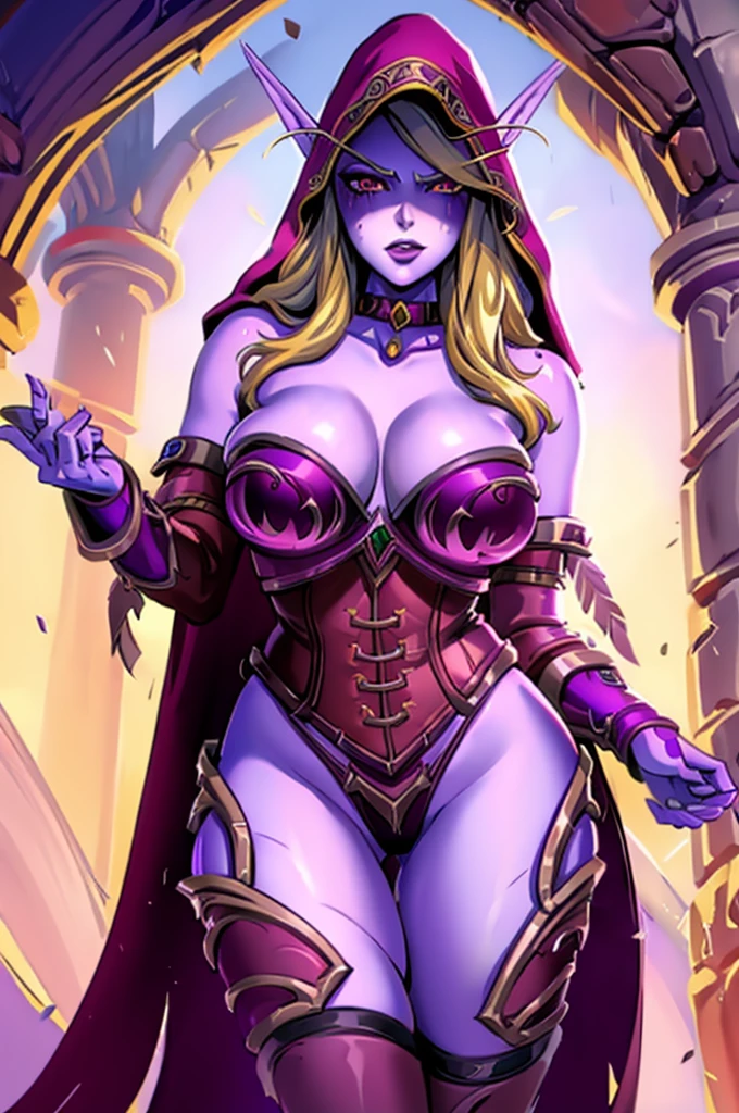 Sylvanas Windrunner - World of Warcraft, sexy and hot blonde elf girl, big tits, grey skin, thick legs, big ass, purple sexy lingerie, purple stockings, purple choker