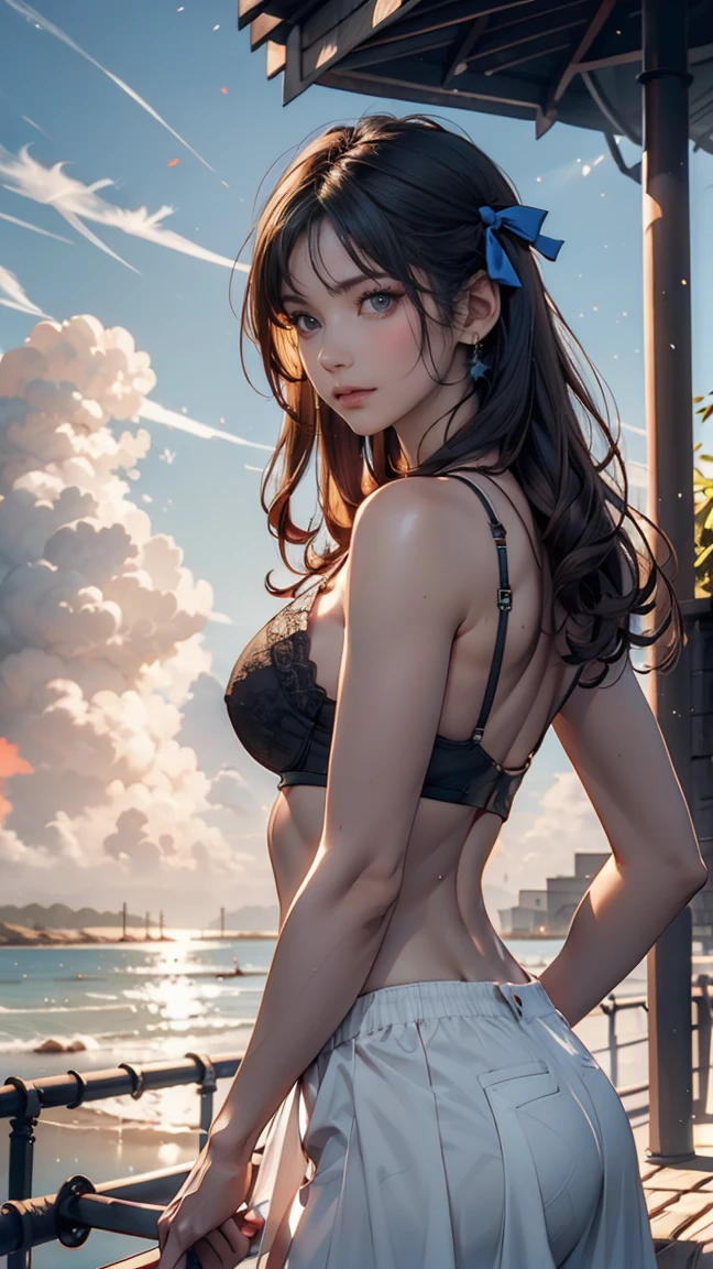 masterpiece,((Clear lines)), Limited edition palette,Highest quality, Flat Color, Low contrast, ((One girl)),(((Very delicate and beautiful girl))),(Beautifully detailed face),(Beautiful attention to detail),{Long Hair},hair ornaments,((Middle chest)),Long black hair,Hair Ribbon, , Are standing,((View your viewers:1.6)), View from below,Beautifully detailed skies,Bright sky,Cloudy,sunlight, (Detailed Light),Lighting,colorful,Ocean,Beach, bridge,The way to school,Skyscraper, autumn, mist、Lace-up sandals、Bra flickering
