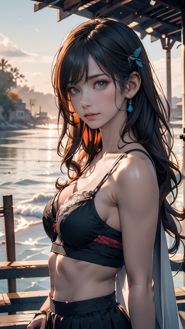 masterpiece,((Clear lines)), Limited edition palette,Highest quality, Flat Color, Low contrast, ((One girl)),(((Very delicate and beautiful girl))),(Beautifully detailed face),(Beautiful attention to detail),{Long Hair},hair ornaments,((Middle chest)),Long black hair,Hair Ribbon, , Are standing,((View your viewers:1.6)), View from below,Beautifully detailed skies,Bright sky,Cloudy,sunlight, (Detailed Light),Lighting,colorful,Ocean,Beach, bridge,The way to school,Skyscraper, autumn, mist、Lace-up sandals、Bra flickering