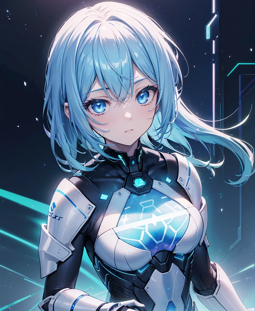 ((Holographic glow effect)),8k, Highest quality, (real:1.4), Original photo, 1 girl, Asari Hair, Biological Amplifier, refined armor, posture: Peace talks between warring factions, smart blue eyes,whole body