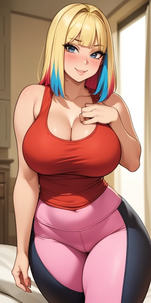 Big breasts, busty beautiful ((1cute and beautiful girl)), ((multicolored blonde hair with bangs))extremely sexy body, ((beautiful Red tank top, leggings)), shy smile, blush, (looking at viewer), in beautiful romantic house