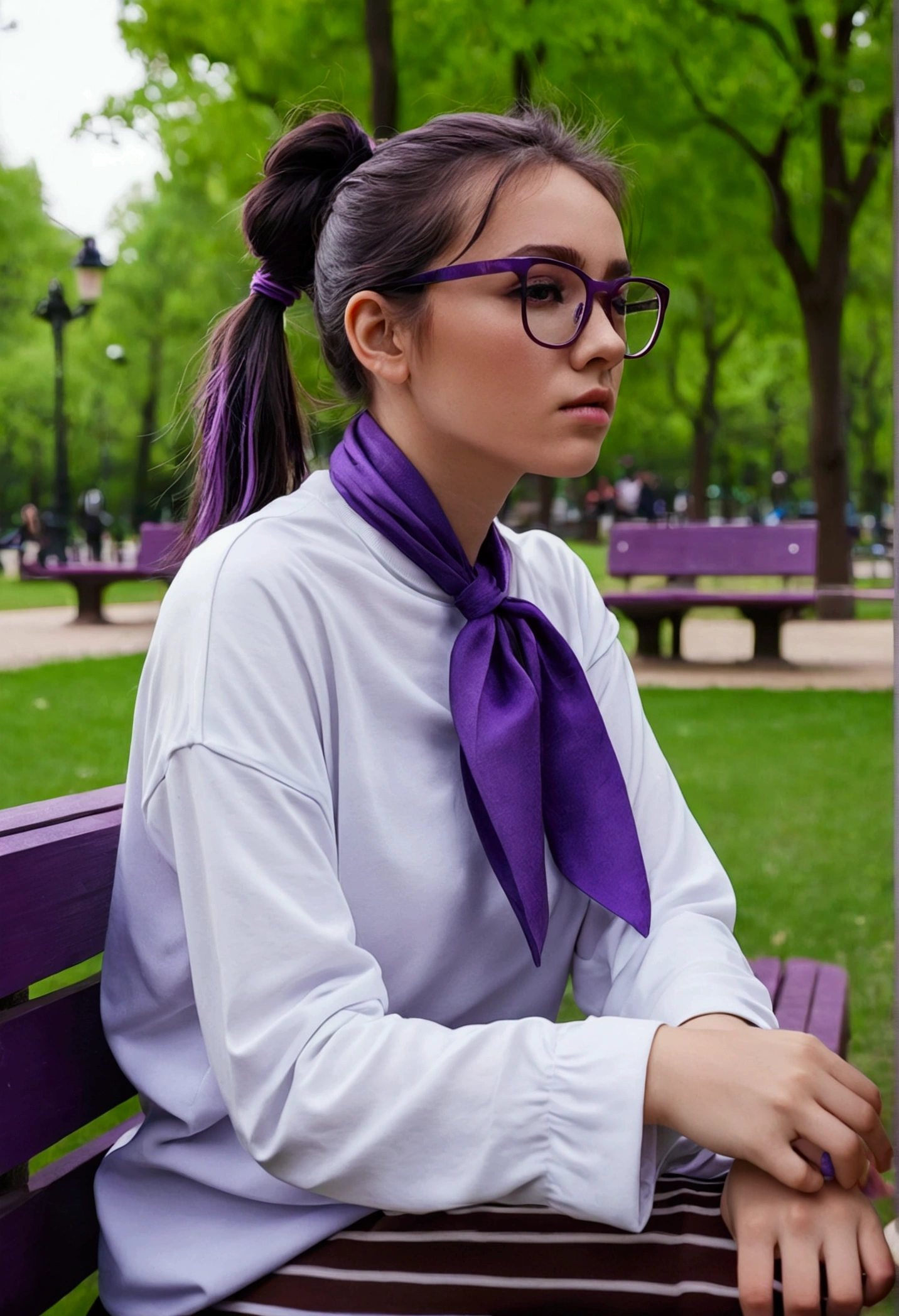 Girl with dark hair with purple highlights tied in a ponytail, wearing glasses, slim, new, sitting on a bench in the park