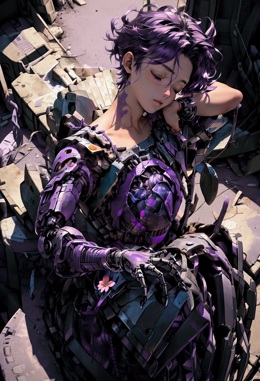 ((Artwork, high quality)), (a robotic hand emerging from a pile of trash and scrap), (delicately holding a flower), (attached to the arm of a teenage boy), (the rest of his body buried beneath the junk), (purple hair), (eyes closed, giving the impression of lifelessness), (environment completely filled with junk).






