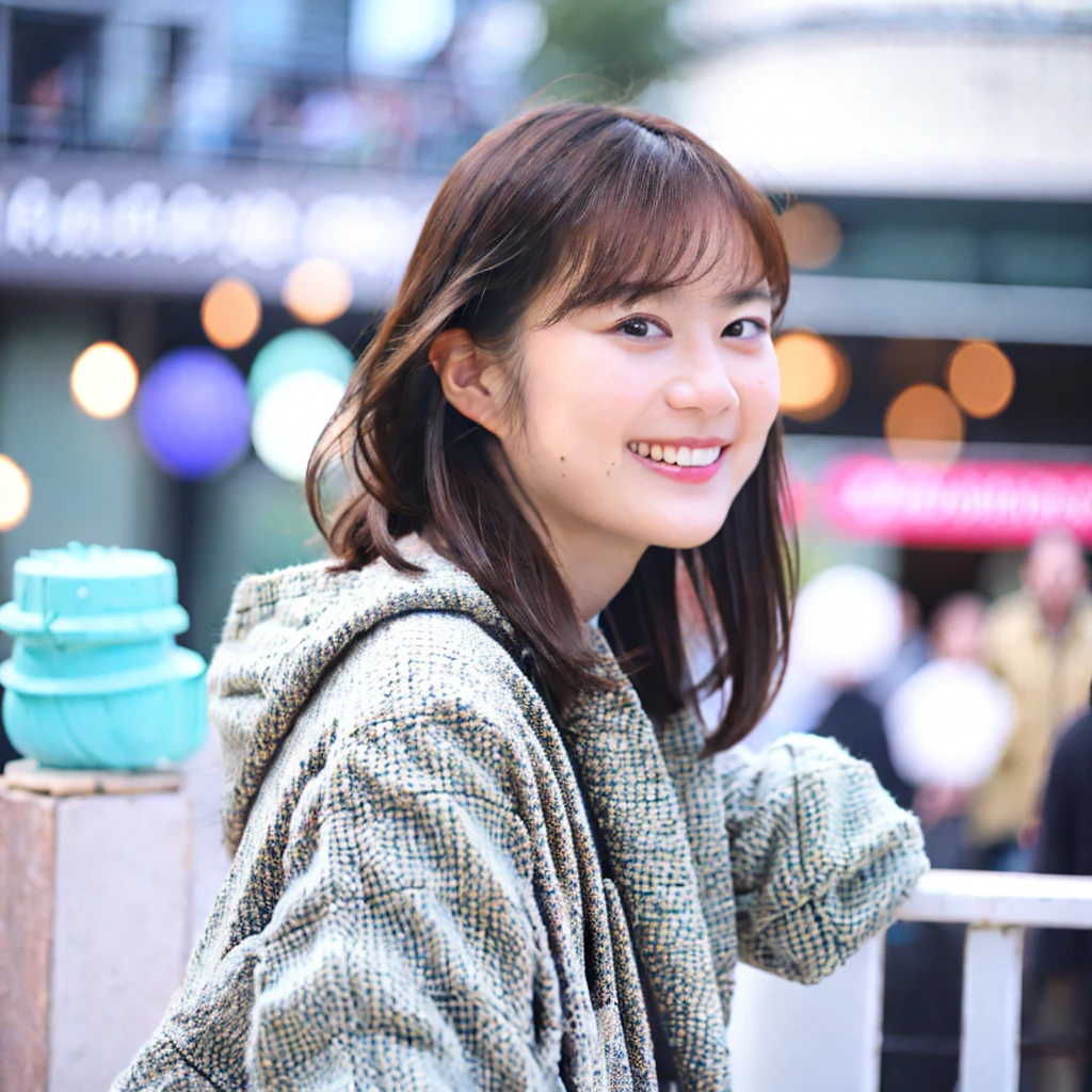Highest quality,master piece,bloom,a girl, one girl,solo focus,bokeh,alone,full body,standing,posing,4K,8k,raw photo,short brown hair,watch,big eyes,Japanese women,Age 25,healthy,maternal,positive,bright,kind,Beautiful Skin,Fair skin,Highest quality,4K,8k,masterpiece,Young and beautiful,Attractive woman,Dcup Bust、An innocent smile、smile、teeth、The background is the city
