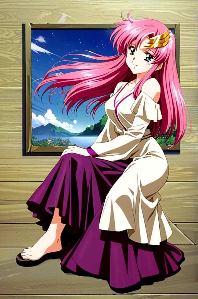 ((64k，Ultra-high resolution，Ultra high quality，masterpiece，Hyperrealistic，Young and adorable, beautiful, young, adorable，young woman，Full body photo，Full body angle，Whole Body Ezbian，))，GundamSEED，Lacus Clyne，Pink Hairの毛，Blue Eyes，Detailed eyes,Detailed skin,Detailed face,Shiny skin,Detailed Hair,White skin,Perfect lighting,Glossy Lips,京都animeーション, animeカラーリング  ,Klein Lake,GundamSEED , Pink Hair, Straight hair,blue eyes , (((hair ornaments, White sleeves,豪華なWhite Dress, 豪華なPurple Skirt, 贅沢なLong skirt))),Very long hair, Bare shoulders, Star background，1980s \(style\),anime, Lacus 1, One girl, alone, hair ornaments, White sleeves, blue eyes, White Dress, Purple Skirt, Long skirt, Very long hair, Bare shoulders, Large Breasts, smile, Gundam, On the floor,retro artstyle,Water Lake，Swimsuit，Yukata，smile，Many beautiful flowers are blooming，In a dress