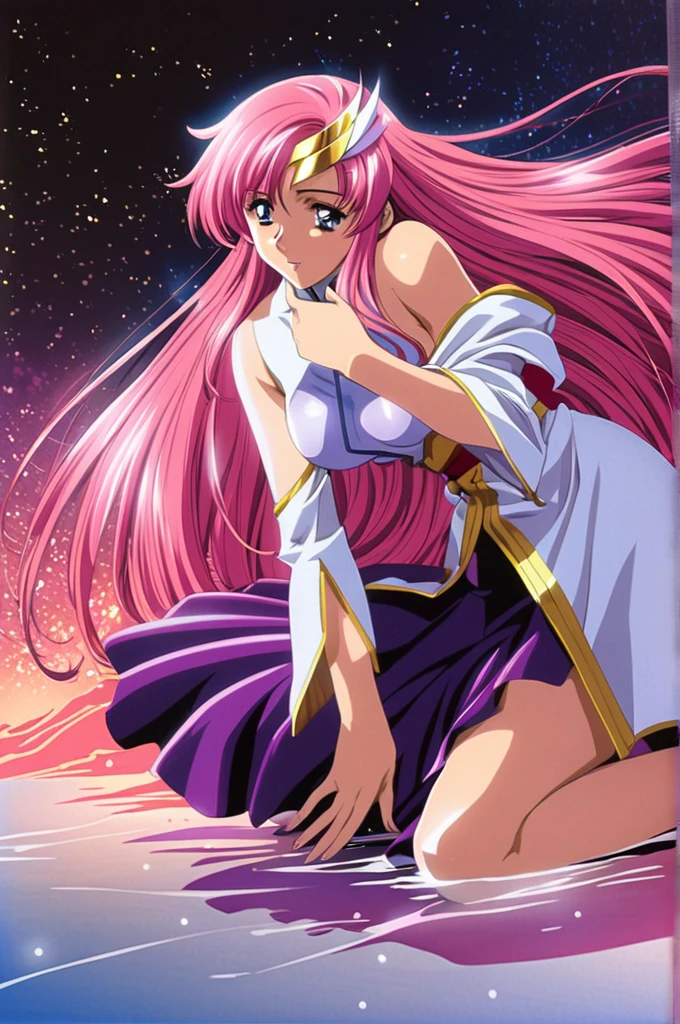 ((64k，Ultra-high resolution，Ultra high quality，masterpiece，Hyperrealistic，Young and adorable, beautiful, young, adorable，young woman，Full body photo，Full body angle，Whole Body Ezbian，))，GundamSEED，Lacus Clyne，Pink Hairの毛，Blue Eyes，Detailed eyes,Detailed skin,Detailed face,Shiny skin,Detailed Hair,White skin,Perfect lighting,Glossy Lips,京都animeーション, animeカラーリング  ,Klein Lake,GundamSEED , Pink Hair, Straight hair,blue eyes , (((hair ornaments, White sleeves,豪華なWhite Dress, 豪華なPurple Skirt, 贅沢なLong skirt))),Very long hair, Bare shoulders, Star background，1980s \(style\),anime, Lacus 1, One girl, alone, hair ornaments, White sleeves, blue eyes, White Dress, Purple Skirt, Long skirt, Very long hair, Bare shoulders, Large Breasts, smile, Gundam, On the floor,retro artstyle,Water Lake，Swimsuit，Yukata，smile，Many beautiful flowers are blooming，In a dress