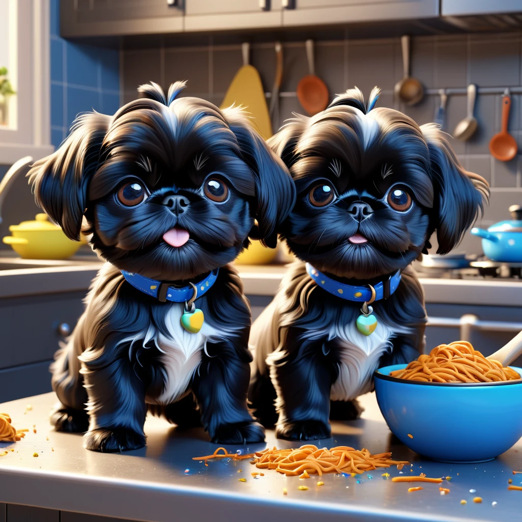 2 adorable small black Shih Tzu puppies, messy Disney kitchen, playing, wearing blue collars, 3D cartoon, 3D render, Disney Pixar style, cute, detailed, colorful, vibrant, photorealistic, hyper-detailed, studio lighting, cinematic lighting, masterpiece, best quality, 4k, 8k, high resolution