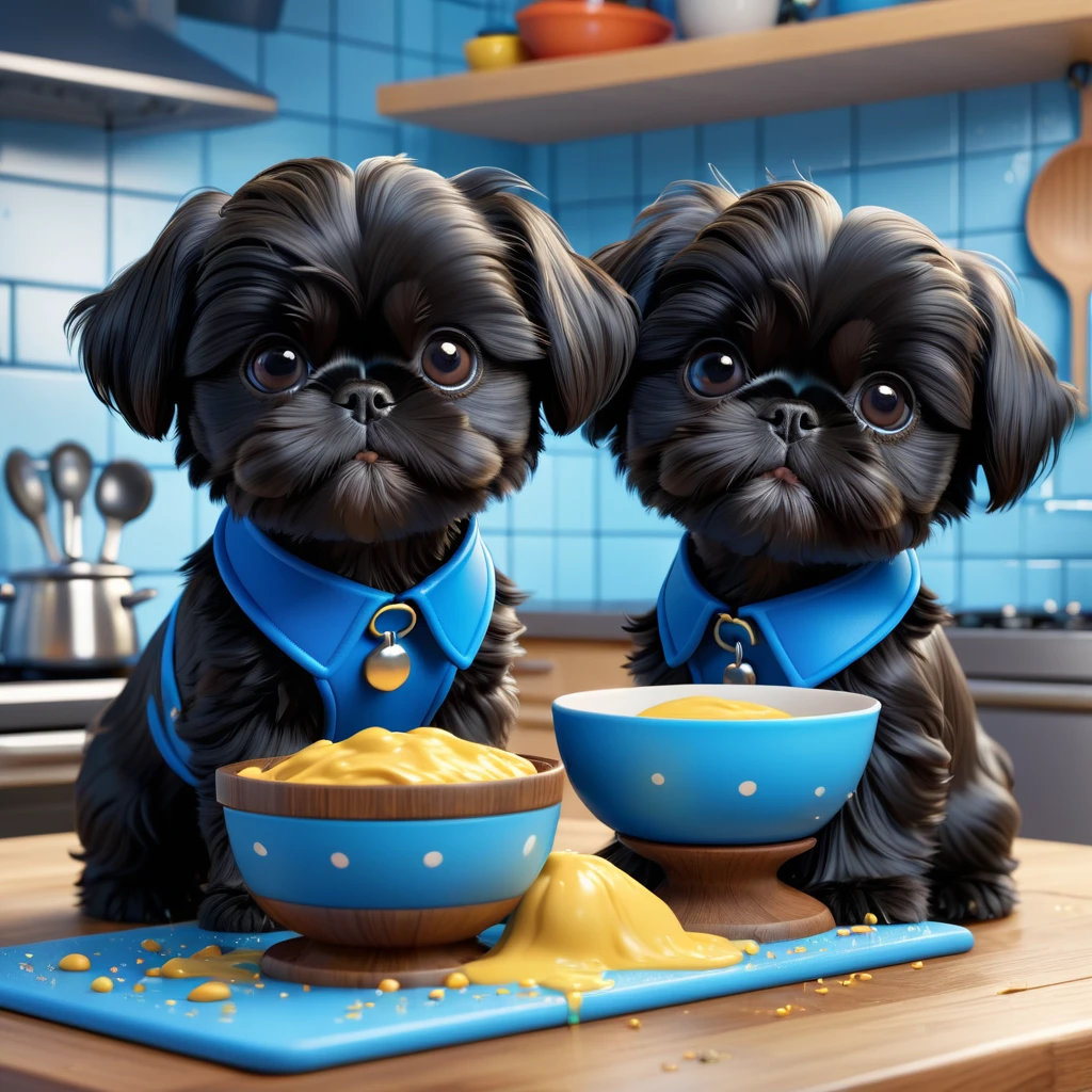 2 adorable small black Shih Tzu puppies, messy Disney kitchen, playing, wearing blue collars, 3D cartoon, 3D render, Disney Pixar style, cute, detailed, colorful, vibrant, photorealistic, hyper-detailed, studio lighting, cinematic lighting, masterpiece, best quality, 4k, 8k, high resolution