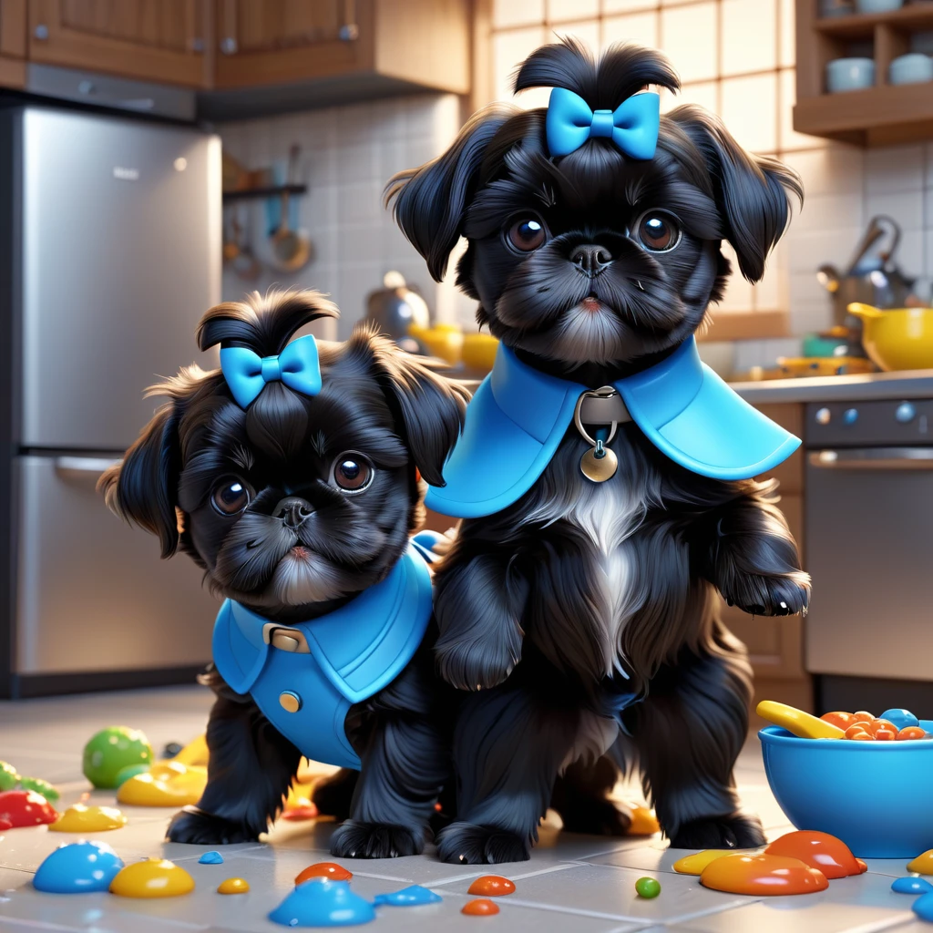 2 adorable small black Shih Tzu puppies, messy Disney kitchen, playing, wearing blue collars, 3D cartoon, 3D render, Disney Pixar style, cute, detailed, colorful, vibrant, photorealistic, hyper-detailed, studio lighting, cinematic lighting, masterpiece, best quality, 4k, 8k, high resolution