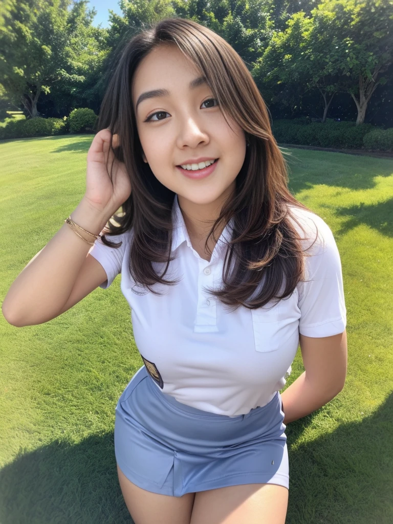 1girl, solo, (uniform), standing, outdoors, (ultra wide angle shot: 1.4), (zoom out: 1.5), beautiful surprising scenery, detailed face, seductive smile, detailed eyes, thick breasts, smooth skin, tight white shirt, grey blue short skirt, looking at the audience, low angle shot,(8k, RAW photo, best quality, masterpiece: 1.2), (realistic, realistic: 1.37), ultra-high resolution