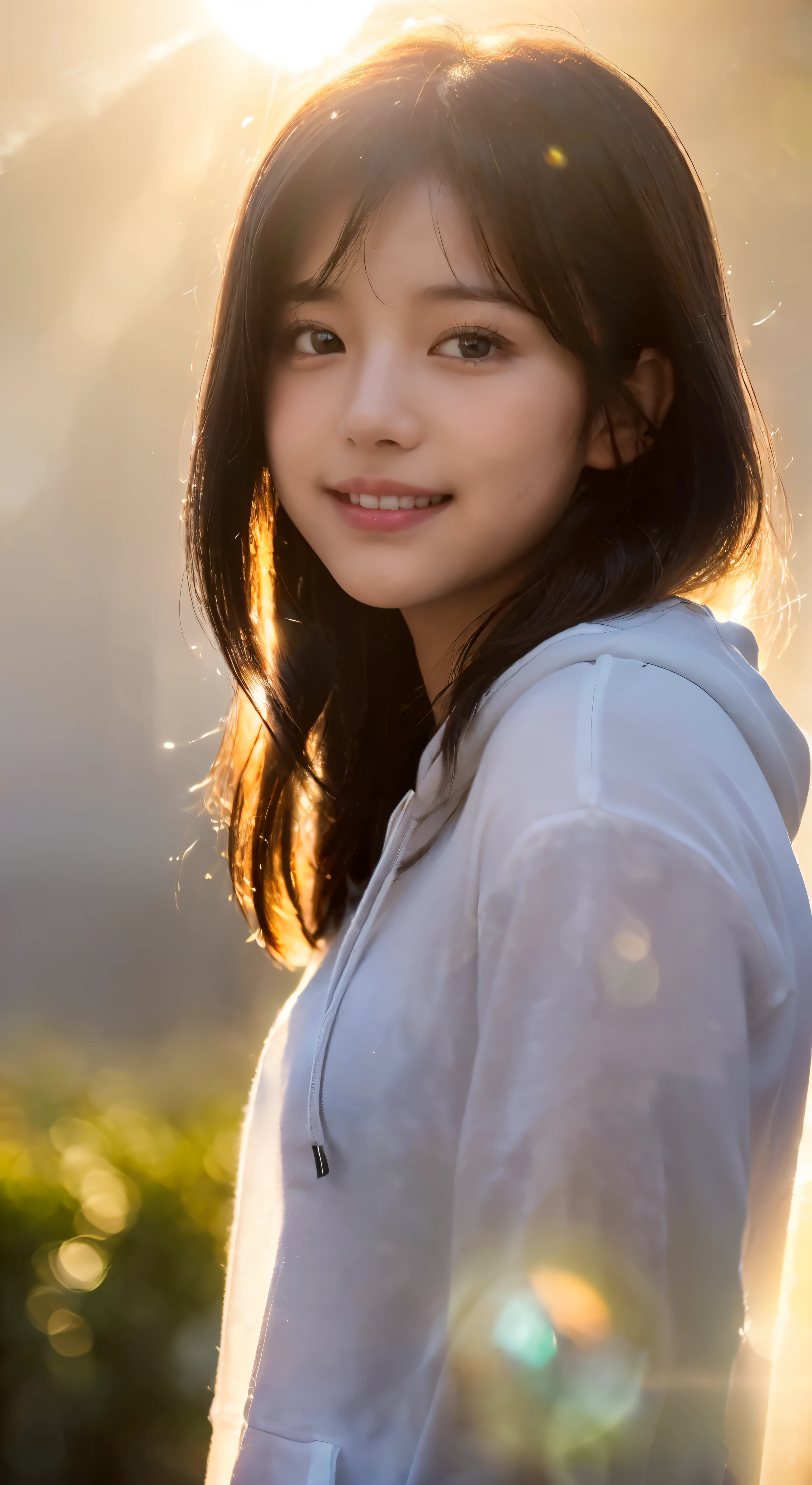 (top-quality,in 8K,masterpiece:1.Photoreal Stick:1.4,RAW shooting),(fog the lens:1.5),(Shoot with blur:1.5),(facing front),(Bust-up shot:1.1),(Intense sunlight:1.4),(Sunlight pouring down from above:1.4),(The whole thing looks white and hazy:1.4),(A light shines in front of the girl:1.4),(The girl looks hazy because of the bright light..:1.4),(Strong sunlight spreads across the screen:1.4),(front lit:1.3),(reflect light onto the lens:1.4),(lensflare:1.1),(A smiling girl looks at me:1.1),Black hair short bob,black hoodie shirt,(blur backgroun:1.4),Close-up of the face,Face Focus