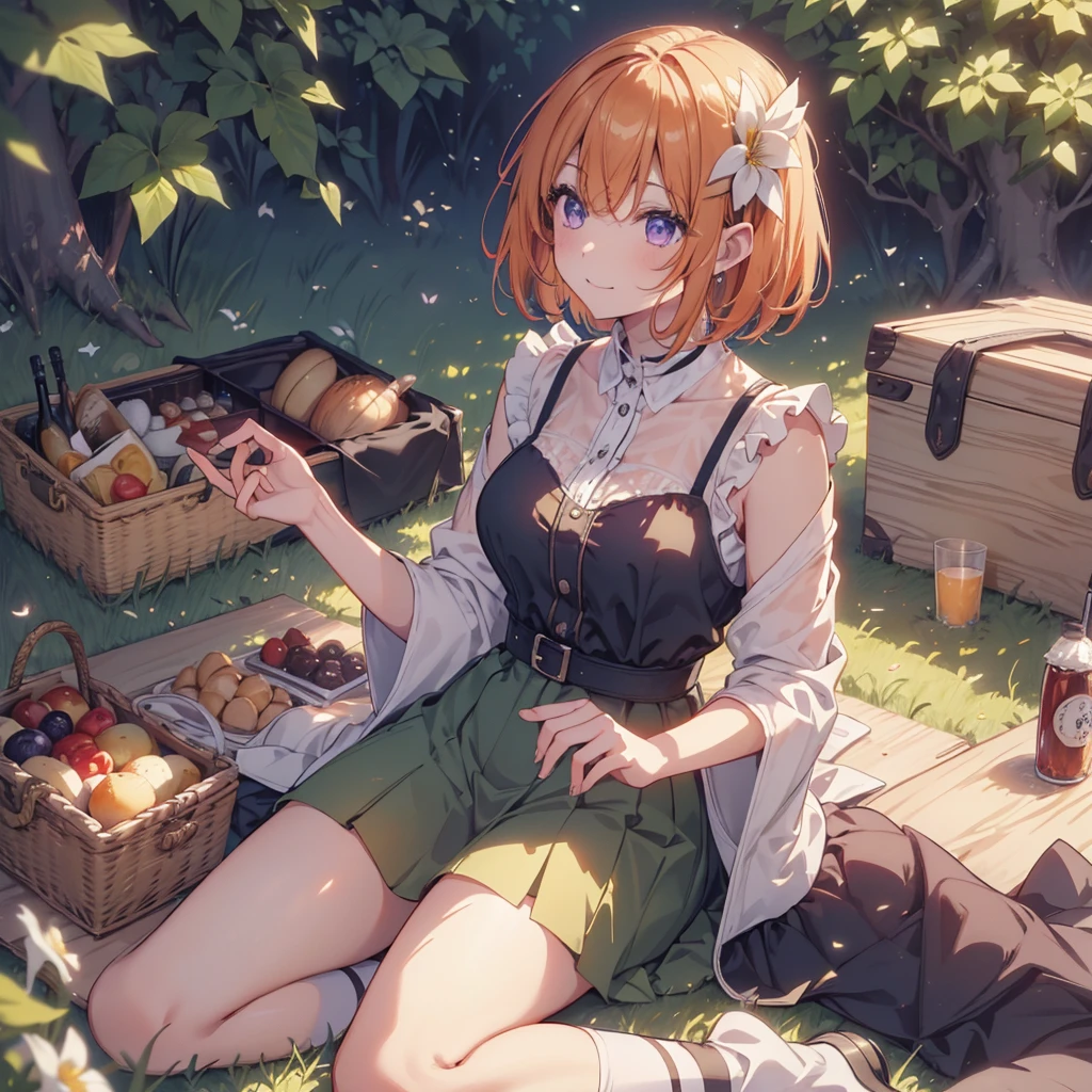 (Recall,food:1.3),(picnic:1.3),basket, Elf Ears, Park with a view, Highest quality, grassland park, blue sky, hiking, Best image quality,Perfect Anatomy,masterpiece,Ultra-detailed,beautiful,super high quality, Highest quality,High resolution, Very detailed,Game CG,Dutch Angle ,beautiful細部までこだわった目,Visual Arts,Five Fingers, Perfect hands,Hide your hands, {{{One Girl}}}, beautiful詳細な***, Game CG, Spring flower, One curl on the outside, Short Bob Hair, Pastel orange hair, Purple eyes,Stylish accessories solo, breast enhancement, Medium Shoot, woman, Take-out, Laughter, huge ,,Pastel green checkered mini skirt,Black knee-highs, {{{{{Wearing a pastel green camisole}}}}},Open your mouth, wonderful, beautiful細部までこだわった目, Highest quality, Very delicate,Masseter muscle area,Highest quality,(Official Art、Highest quality、Unity 8k wallpaper、32K、masterpiece、Ultra-detailed、超High resolution、Realistic、Photorealistic:1.2)、(Cinema Lighting:1.2)、Fire Glow Effect、The most grainy shadows on the film、Side light、Side Shot、(Ultra-detailedで複雑な3Dレンダリング)、Atelier Series, Multiple Girls．