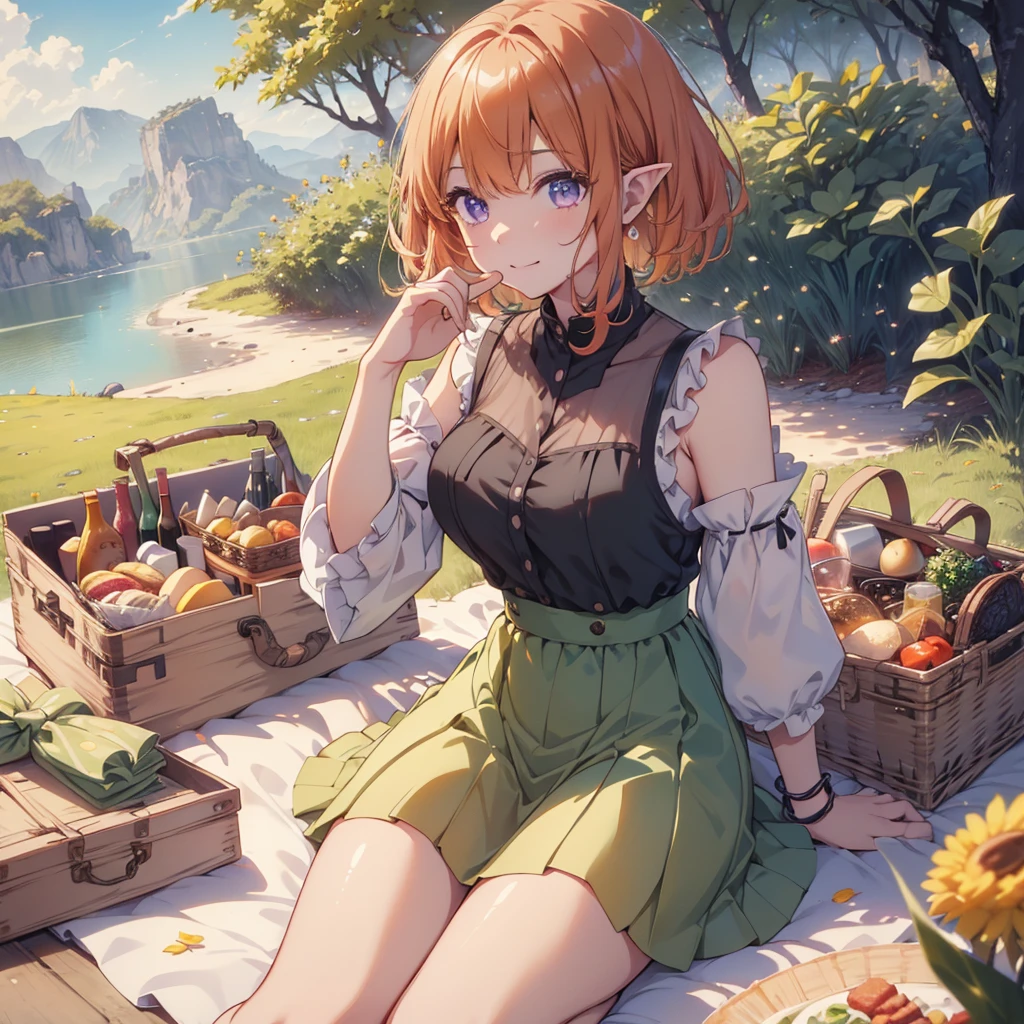 (Recall,food:1.3),(picnic:1.3),basket, Elf Ears, Park with a view, Highest quality, grassland park, blue sky, hiking, Best image quality,Perfect Anatomy,masterpiece,Ultra-detailed,beautiful,super high quality, Highest quality,High resolution, Very detailed,Game CG,Dutch Angle ,beautiful細部までこだわった目,Visual Arts,Five Fingers, Perfect hands,Hide your hands, {{{One Girl}}}, beautiful詳細な***, Game CG, Spring flower, One curl on the outside, Short Bob Hair, Pastel orange hair, Purple eyes,Stylish accessories solo, breast enhancement, Medium Shoot, woman, Take-out, Laughter, huge ,,Pastel green checkered mini skirt,Black knee-highs, {{{{{Wearing a pastel green camisole}}}}},Open your mouth, wonderful, beautiful細部までこだわった目, Highest quality, Very delicate,Masseter muscle area,Highest quality,(Official Art、Highest quality、Unity 8k wallpaper、32K、masterpiece、Ultra-detailed、超High resolution、Realistic、Photorealistic:1.2)、(Cinema Lighting:1.2)、Fire Glow Effect、The most grainy shadows on the film、Side light、Side Shot、(Ultra-detailedで複雑な3Dレンダリング)、Atelier Series, Multiple Girls．